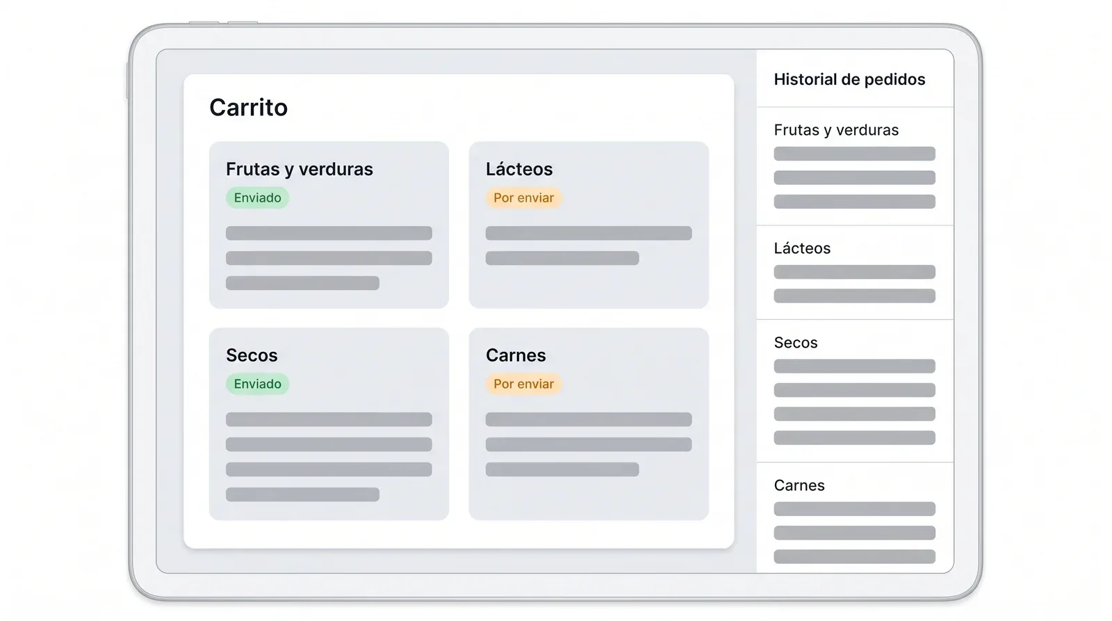 Pantalla de un carrito único de pedidos dividido por proveedor —frutas y verduras, lácteos, secos y carnes—, con el estado de envío de cada bloque y el historial de pedidos al lado