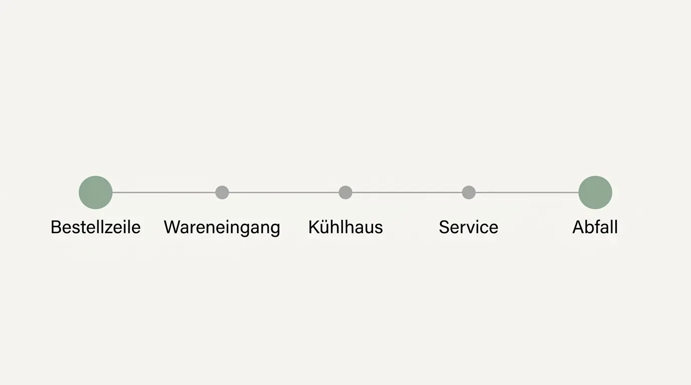 Waagerechte Zeitachse eines Warenpostens mit fünf Stationen von der Bestellzeile über Wareneingang, Kühlhaus und Service bis zum Abfall