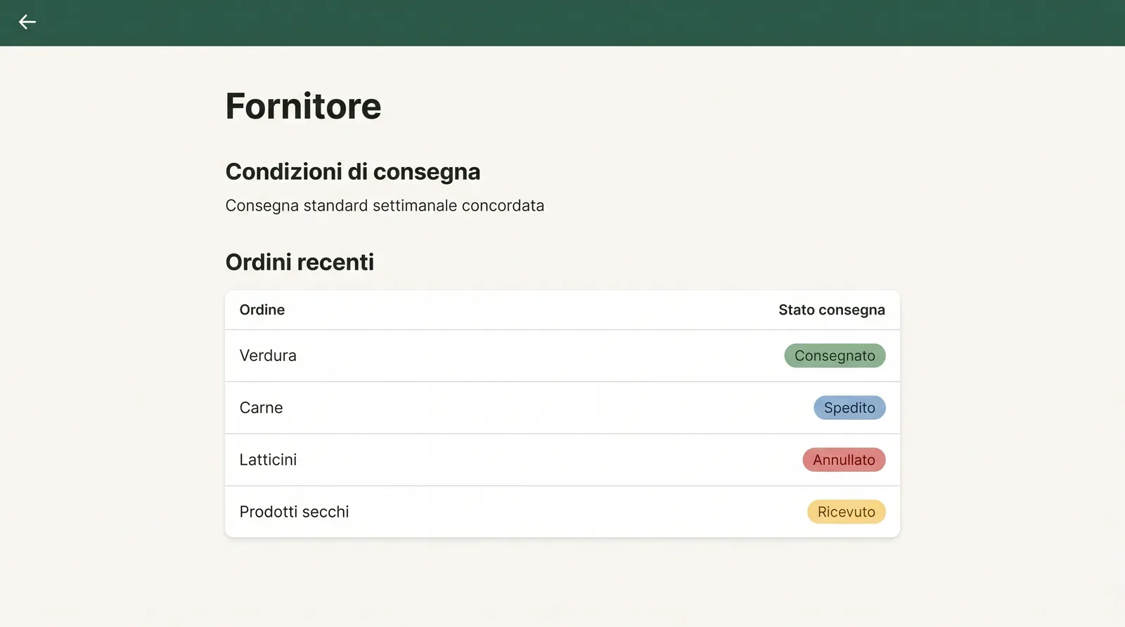 Schermata di dettaglio di un fornitore in cui le condizioni di consegna e l'elenco degli ordini recenti stanno nella stessa pagina
