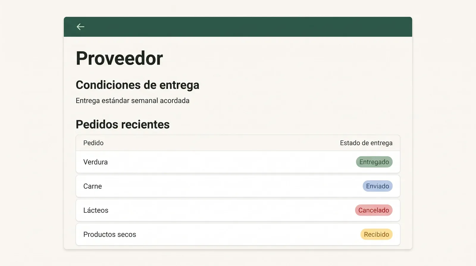 Pantalla de detalle de proveedor donde las condiciones de entrega y la lista de pedidos recientes están en la misma página