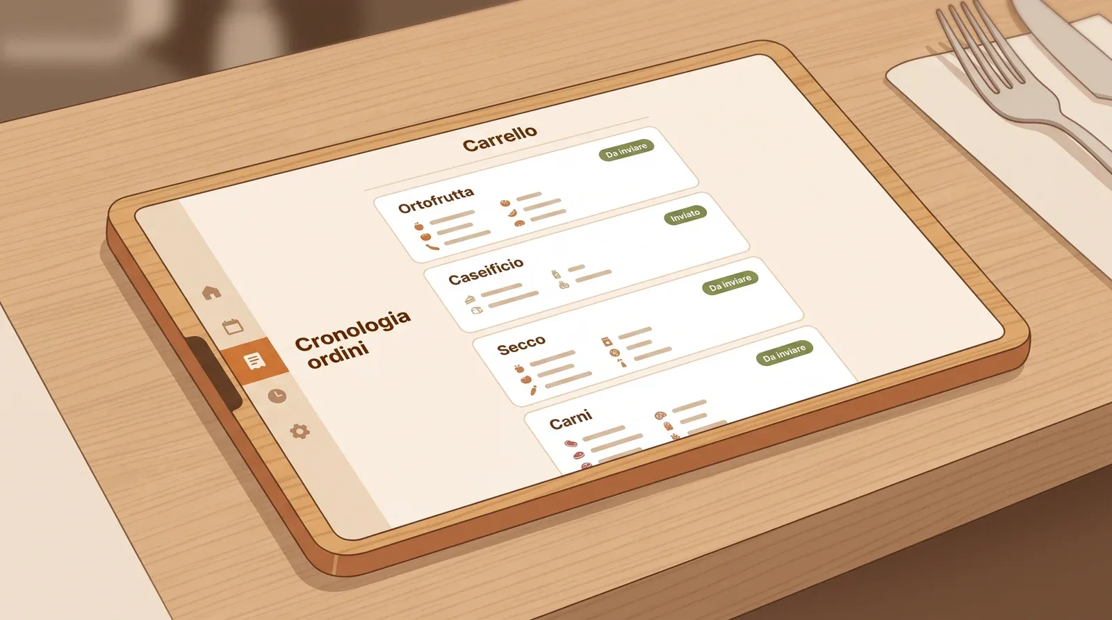 Interfaccia di un carrello ordini unico diviso per fornitore — ortofrutta, caseificio, secco, carni — con stato invio e cronologia ordini