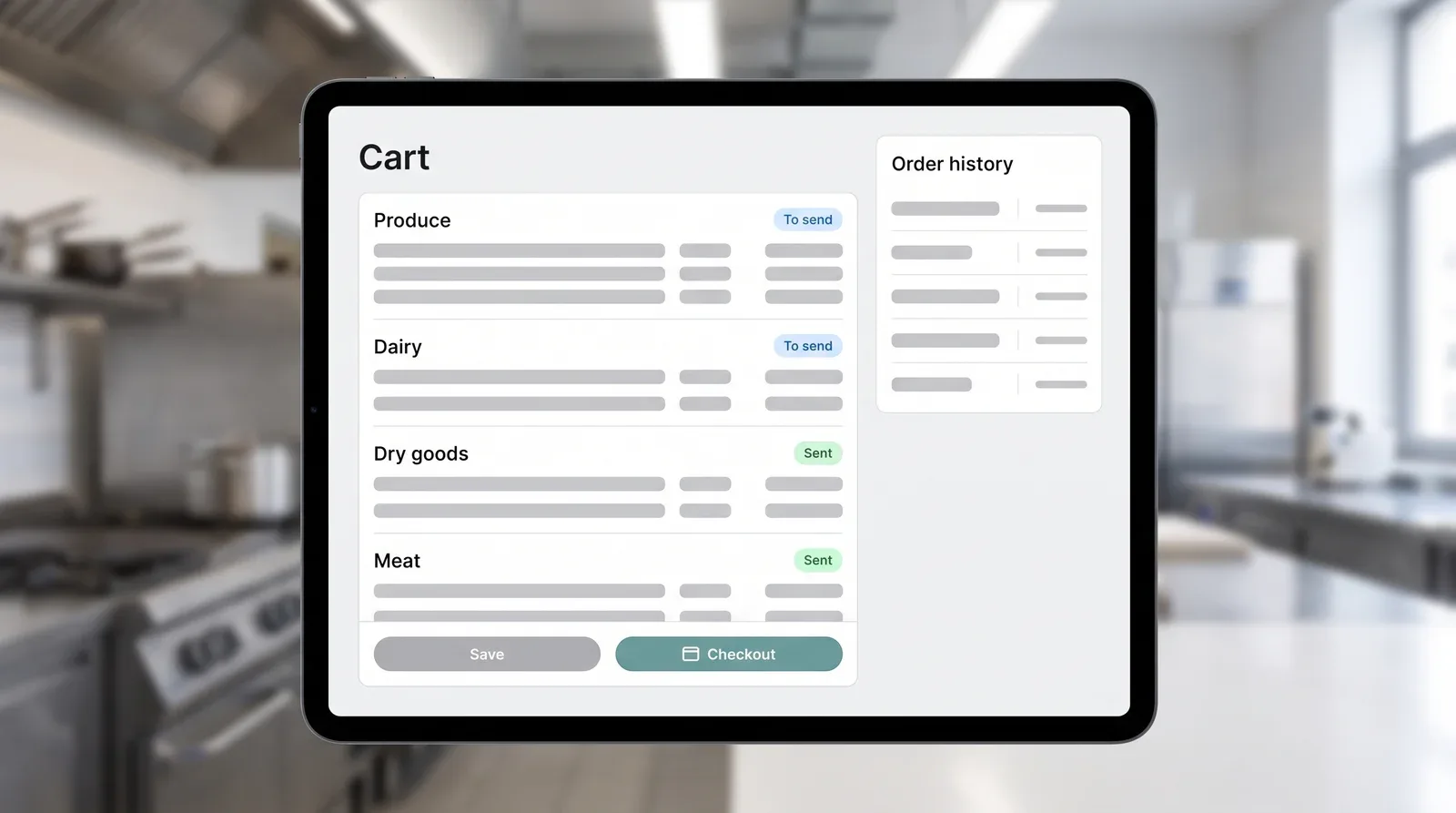 Ordering screen with a single cart grouped by supplier — produce, dairy, dry goods and meat — each marked to send or sent, next to one order history panel