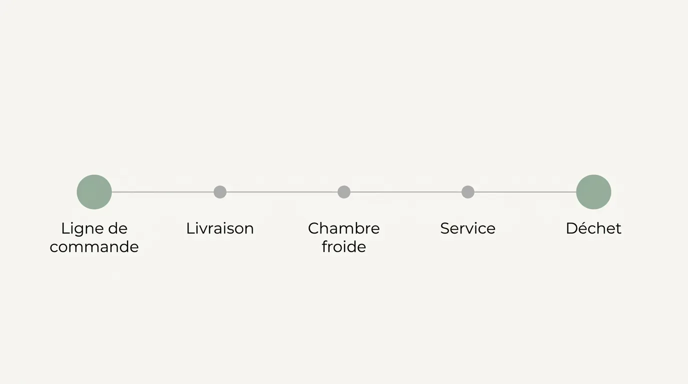 Frise en cinq étapes suivant une denrée périssable de la ligne de commande jusqu'au déchet, en passant par la livraison, la chambre froide et le service