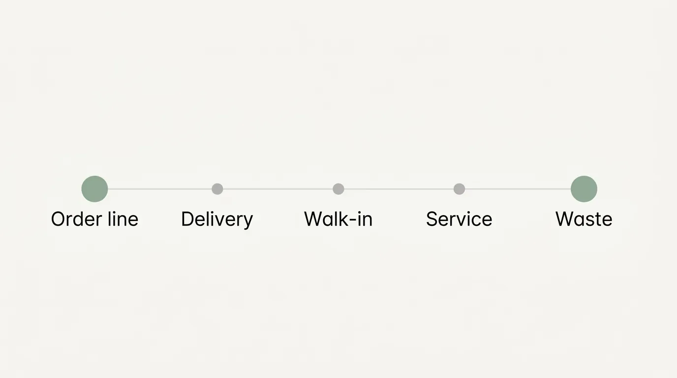 Timeline of a single produce item through five stages in a restaurant — order line, delivery, walk-in, service, waste.
