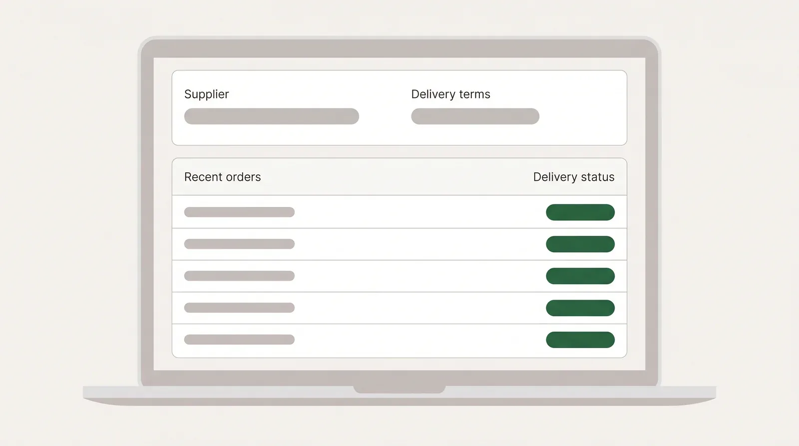 Supplier detail screen where delivery terms and the list of recent orders sit on the same page