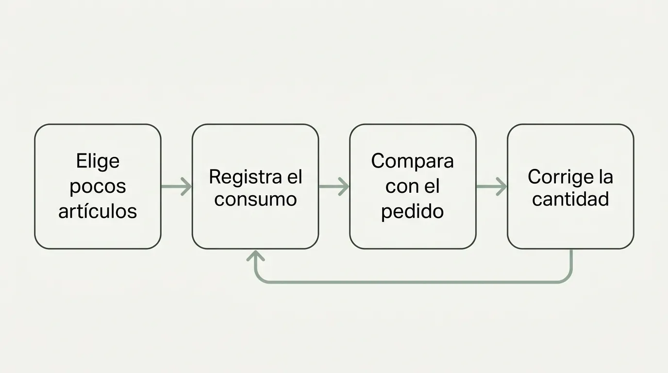 Bucle de cuatro pasos para corregir la cantidad pedida, con flecha de retorno del último paso al primero