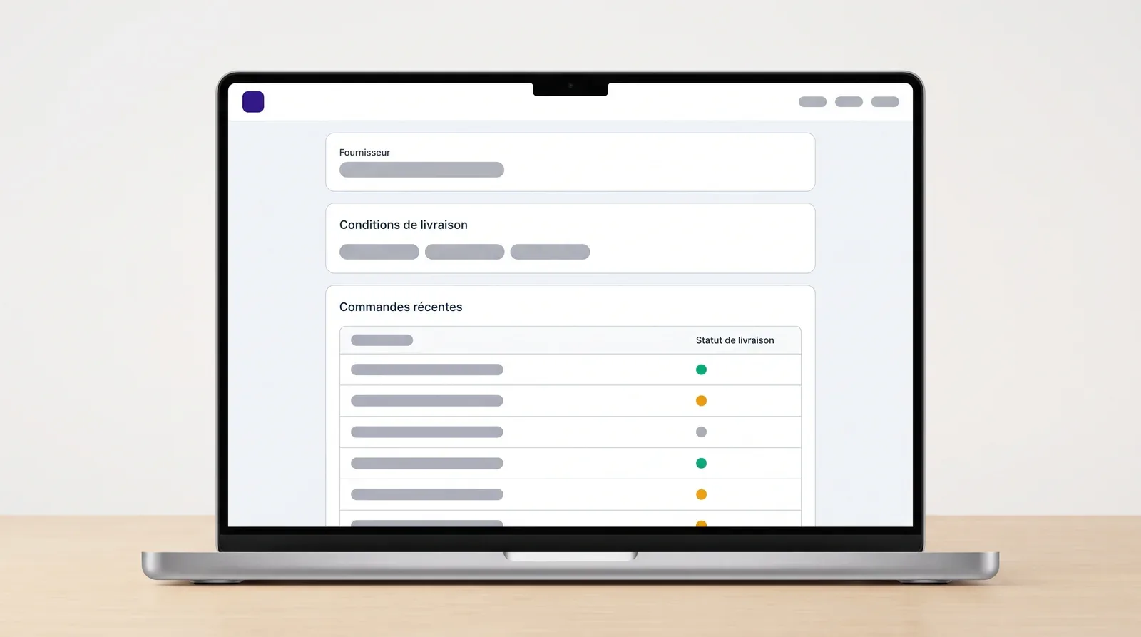 Écran de détail fournisseur où les conditions de livraison et la liste des commandes récentes sont sur la même page