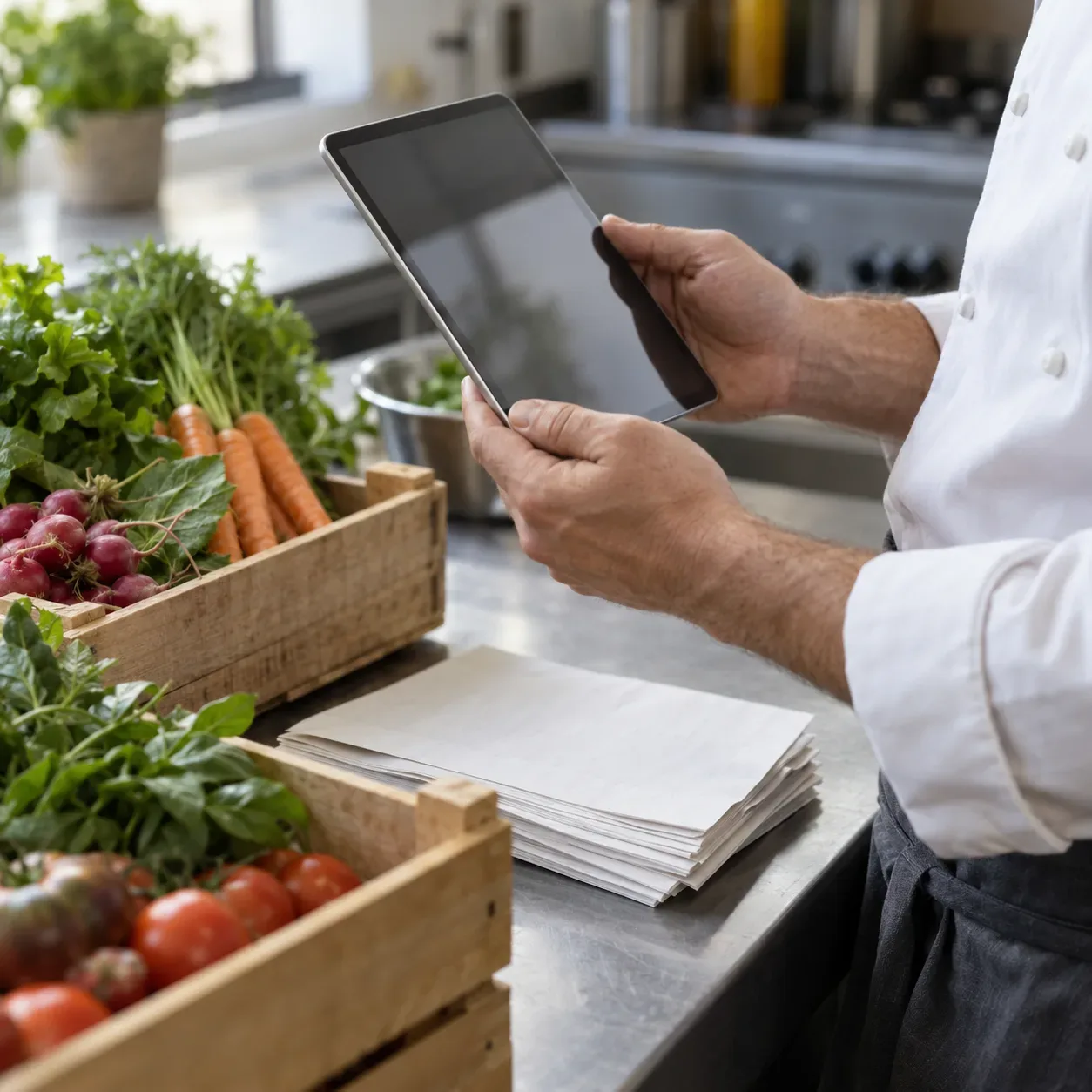 Hände eines Kochs mit Tablet neben Gemüsekisten und gefalteten Lieferscheinen
