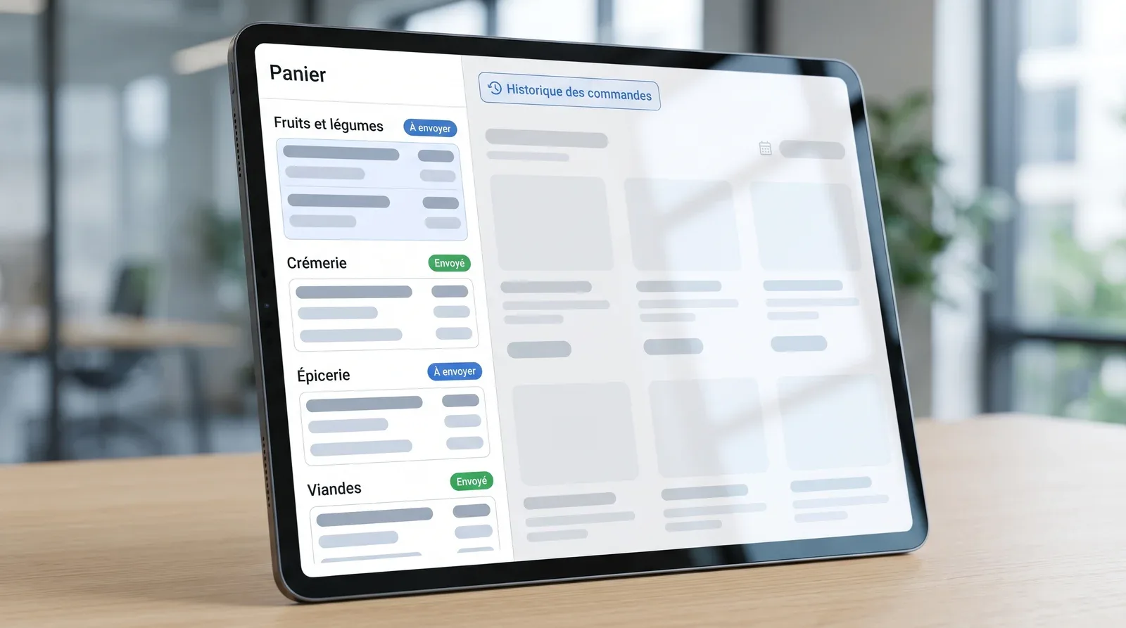 Interface d'un panier de commandes unique réparti par fournisseur — fruits et légumes, crémerie, épicerie, viandes — avec l'état d'envoi de chaque commande et l'accès à l'historique des commandes