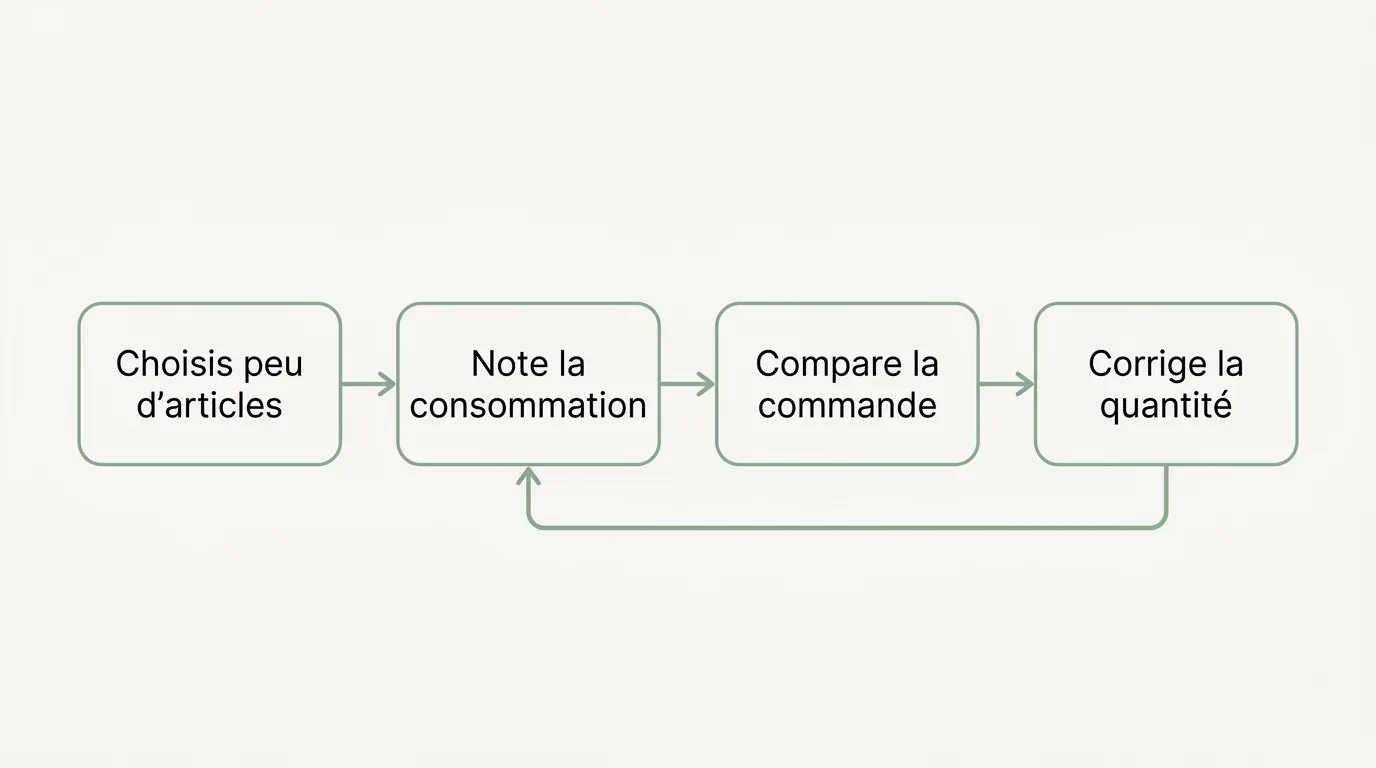 Boucle à quatre étapes reliées par des flèches — choisir peu d'articles, noter la consommation, comparer à la commande, corriger la quantité — avec un retour vers la première étape